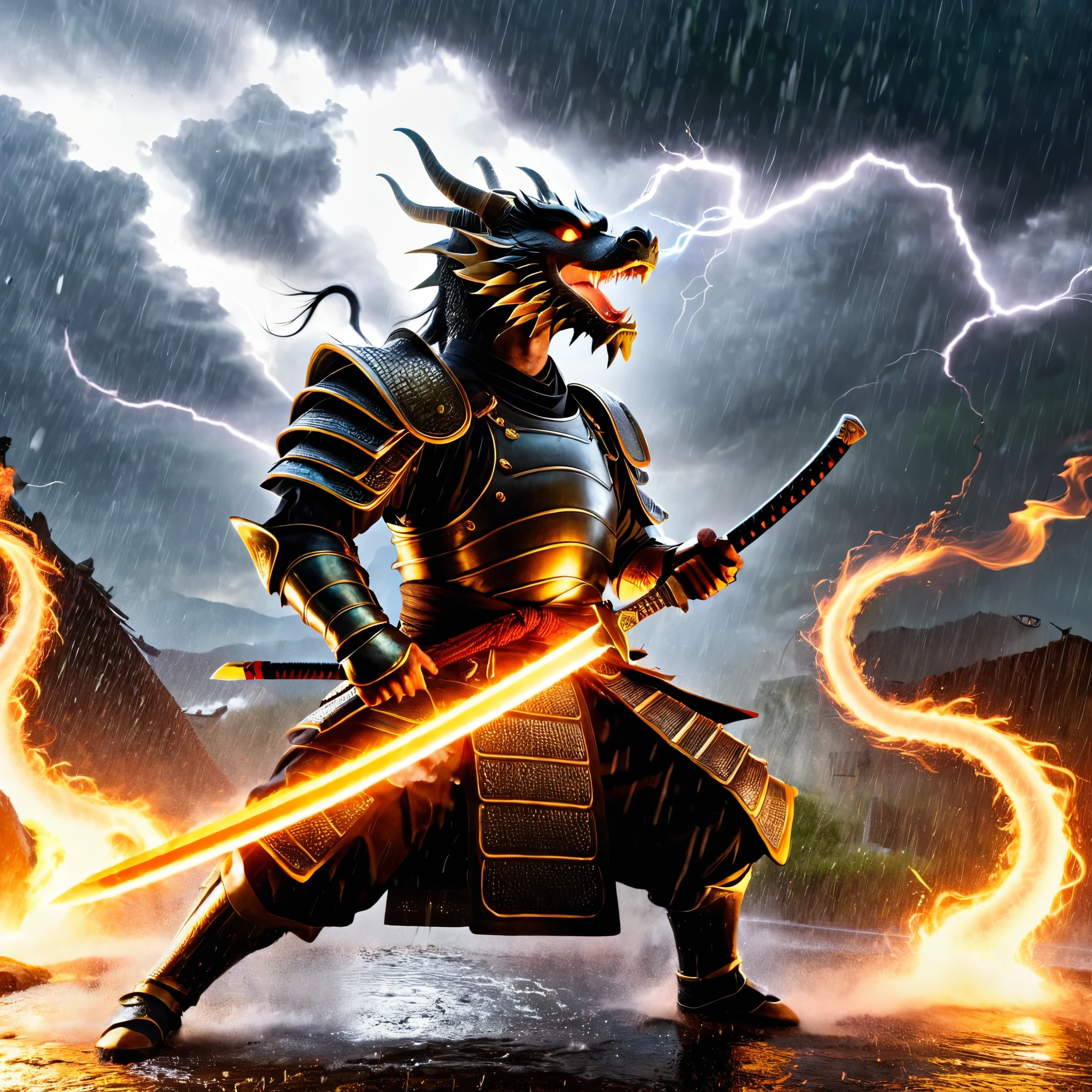 A dramatic and intense scene of a fierce battle between a samurai and a dragon. The samurai, clad in detailed traditional armor, wields a gleaming katana, ready to strike. The dragon, with its scales and menacing features, roars and breathes fire, creating a sense of chaos. The background is stormy, with dark clouds, lightning, and rain adding to the epic atmosphere. The entire scene is filled with dynamic action and high tension, capturing a moment of legendary combat.