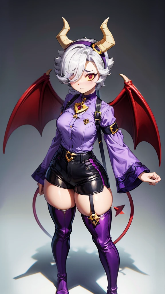 colettetrixie, red skin, hair over one eye, hairband, demon horns, colored sclera, purple shirt, purple shorts, demon wings,thigh-high boots