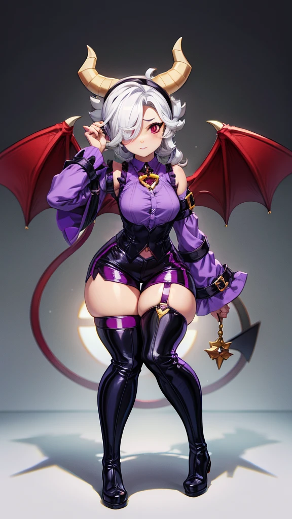 colettetrixie, red skin, hair over one eye, hairband, demon horns, colored sclera, purple shirt, purple shorts, demon wings,thigh-high boots