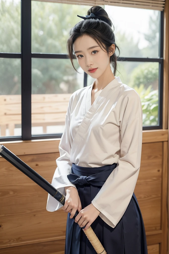 (((best quality))),(((ultra detailed))),(((masterpiece))),illustration,1girl,solo,tonogui,short ponytail,slim,thin,small breasts,flat chest,white collar,white kendogi,three-quarter sleeves,maxi navy-blue kendo hakama,standing in kendo gym,(holding a bokuto in hand:1.3),arms behind back,focused and determined expression,ready for challenge,slender and elegant face,confident and resilient,fair skin,blush,neat teeth,bright smile,clean and tidy uniform,wooden gym floor,wall,pine scent,standard grip,ready to slice through obstacles,strong belief,determination,spirit of resilience,admiring,from front,upper body,