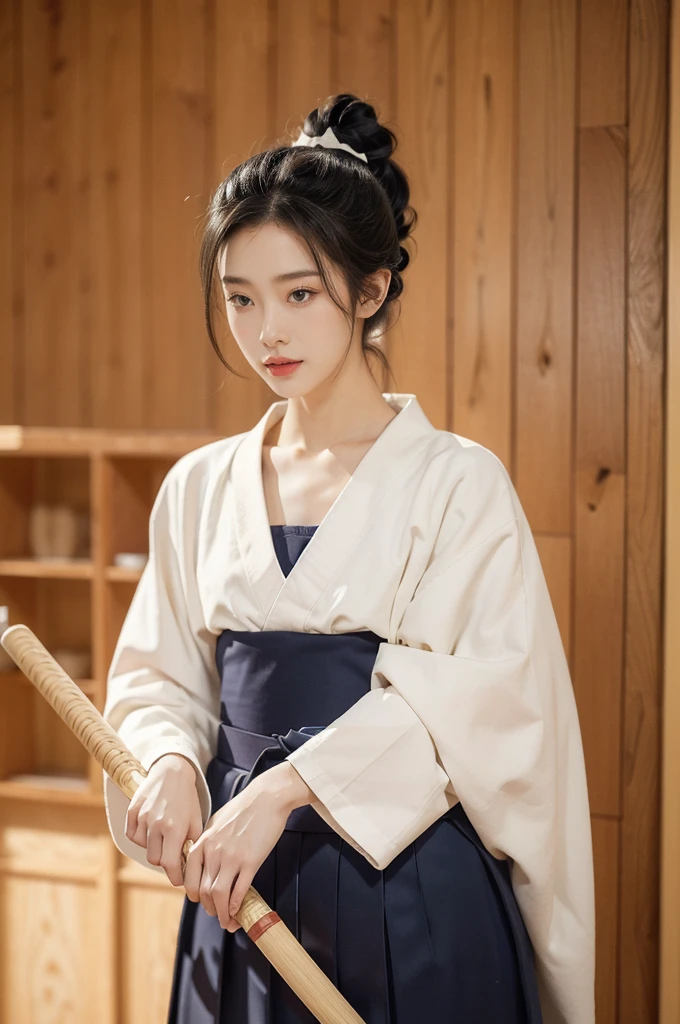 (((best quality))),(((ultra detailed))),(((masterpiece))),illustration,1girl,solo,tonogui,short ponytail,slim,thin,small ,flat chest,white collar,white kendogi,three-quarter sleeves,maxi navy-blue kendo hakama,standing in kendo gym,(holding a bokuto in hand:1.3),arms behind back,focused and determined expression,ready for challenge,slender and elegant face,confident and resilient,fair skin,blush,neat teeth,bright smile,clean and tidy uniform,wooden gym floor,wall,pine scent,standard grip,ready to slice through obstacles,strong belief,determination,spirit of resilience,admiring,from front,upper body,