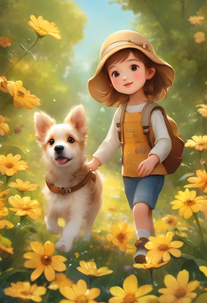 arafed image of a girl and a dog in a field of flowers, adorable digital painting, childrens art in artstation, cute detailed digital art, cute digital art, by Yang J, female explorer mini cute girl, kids book illustration, a beautiful artwork illustration, children book illustration, fanart, by Ni Duan, childrenbook illustration, realistic cute girl painting