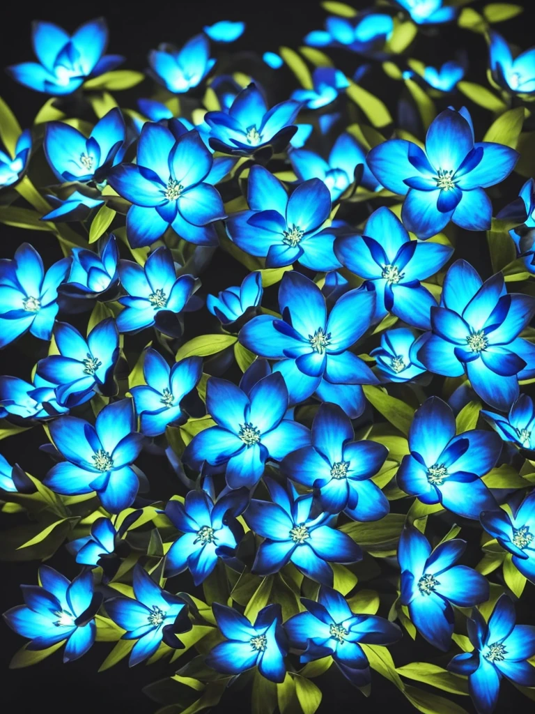 blue flowers in a black background with a black background, glowing flowers, glowing blue, glowing neon flowers, blue bioluminescence, [ bioluminescent colors ]!!, luminous flowers, bioluminescent skin!, bioluminescent plants, neon flowers, neon color bioluminescence, glowing hue of teal, blue glow