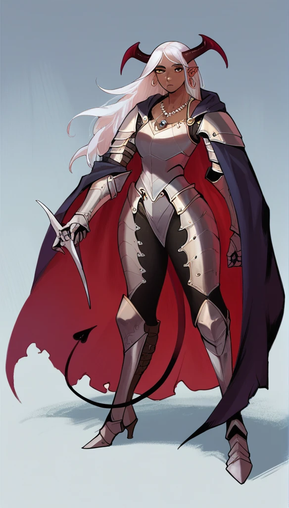 score_9, score_8_up, score_7_up, score_7, Expressiveh,best quality, masterpiece, ultra high resolution,
(demon girl:1.35), female, solo, jewelry, necklace, full_body armor, knight armor, earrings, cape, full_body, long hair, brided hair, horns, ((hands_on)), slander tail, standing, dark_skin, dark-skinned_female, white_hair