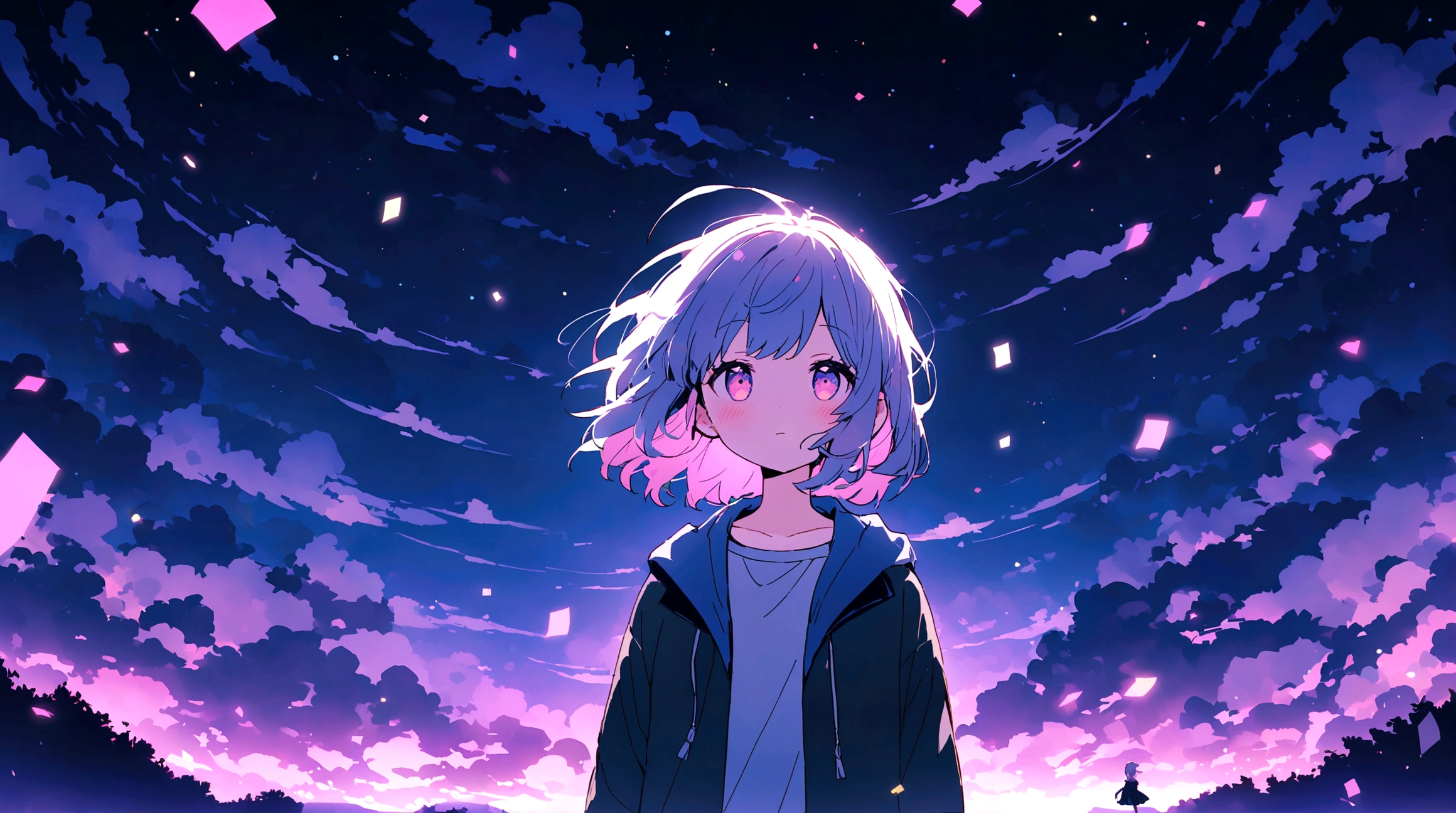 title: Night sky healing theme: LOFI music and nighttime relaxation explanation: このThe image is、To the gentle rhythm of lofi music、Contains soothing elements that will help you fall into a good night&#39;s sleep。The stage is set on a slightly dark night.、star々Under the shining sky、A cute girl is listening to music with a relaxed expression。Around her、Filled with fantastic light and color、It invites the viewer into a dreamlike world.。The image is、Perfect for sleep and work videos.、The aim is to provide a sense of calm and relaxation to the viewer.。
