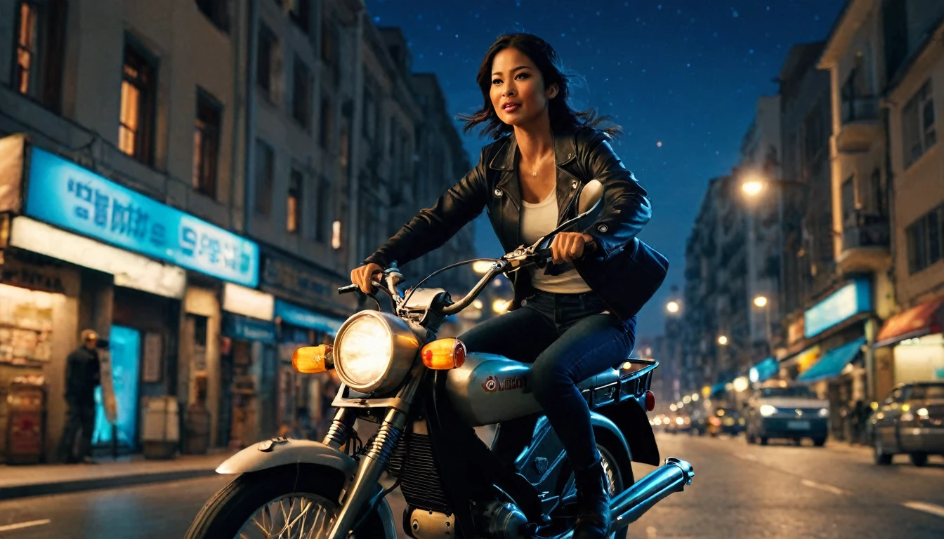 score_9, score_8_up, score_7_up, source_photo, photography, photorealistic, detailed, rating safe, from side, very wide shot, super cub runs the night city, rider is a woman holding a katana, masterpiece, best quality, 8k,