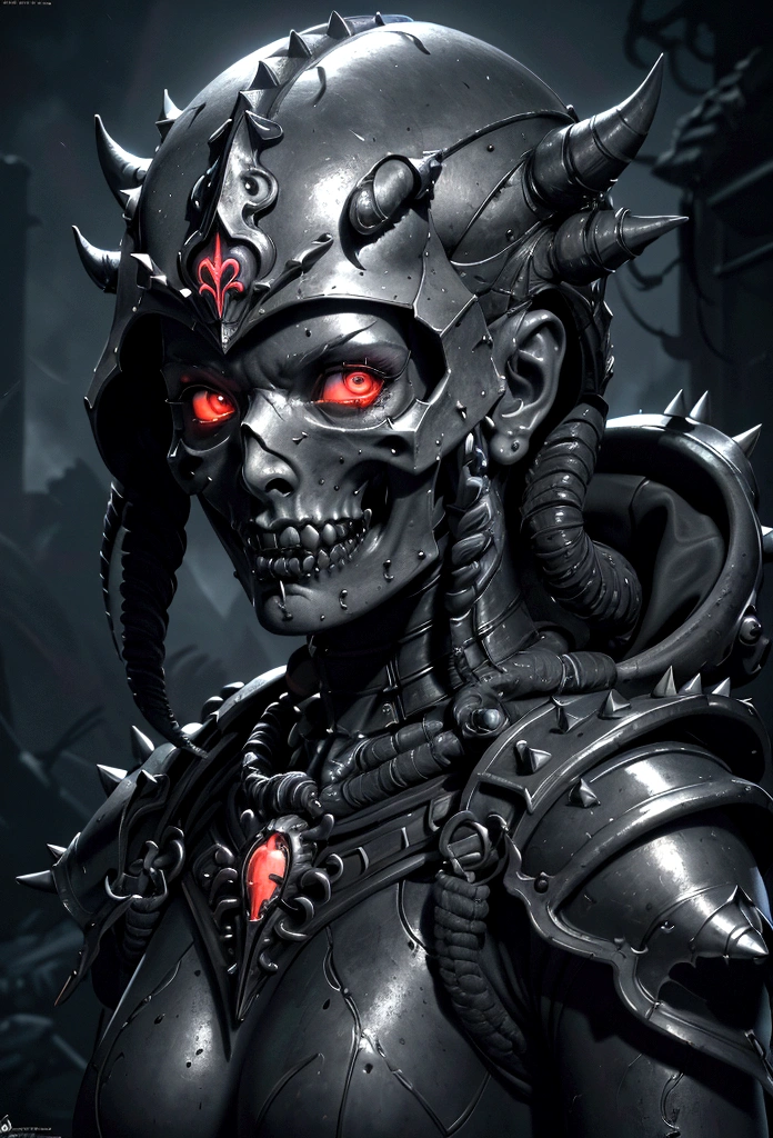 a gorgeous adepta sororitas from the movie tron, glowing skull armor, spikes, teeth, monster, dirty tentacles, pus pimples, cracked truenurgle, detailed face and eyes, beautiful lips, extremely detailed, 1girl, oil painting, concept art, dark fantasy, cinematic lighting, dramatic shadows, vibrant colors, moody atmosphere, hyper detailed, 8k, photorealistic

