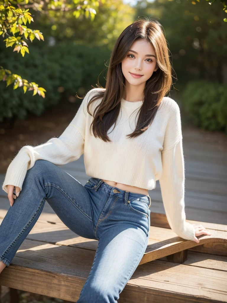 (Best quality，8K，masterpiece:1.3)，(Sharp focus:1.2)，accurate brunette，Smile，(A girl:1.2)，(Well-proportioned body:1.4)，（Short sweater：1.4）(jeans:1.2)，external，Autumnal，Sunlight，Delicate face，beautiful eyes，Straight Legs