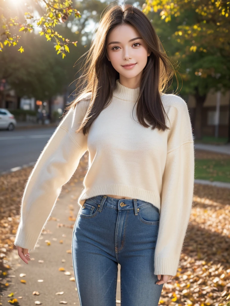 (Best quality，8K，masterpiece:1.3)，(Sharp focus:1.2)，accurate brunette，Smile，(A girl:1.2)，(Well-proportioned body:1.4)，（Short sweater：1.4）(jeans:1.2)，external，Autumnal，Sunlight，Delicate face，beautiful eyes，Straight Legs