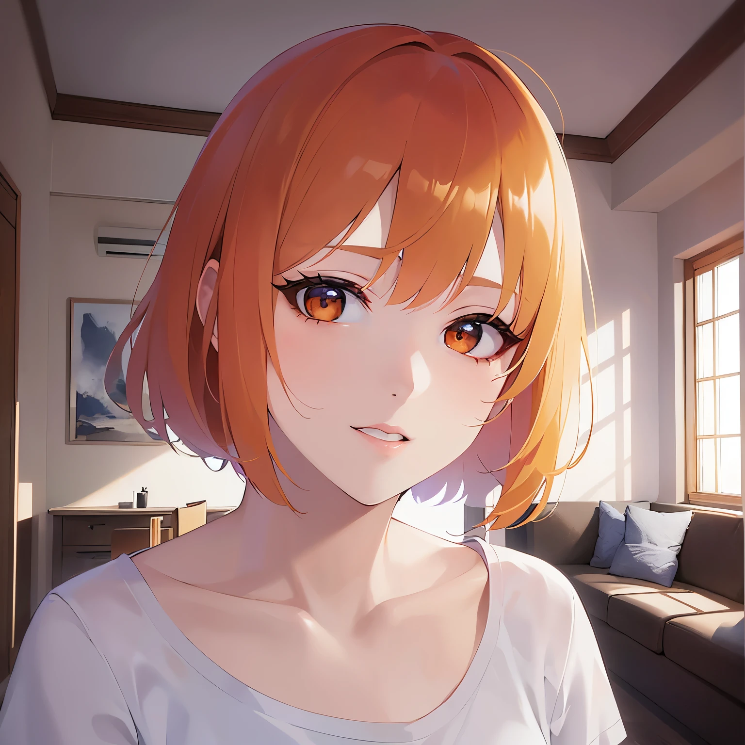 Upper Body, Realistic, real person, (pale skin: 1.2), RAW photo, photorealistic, shiny skin, shiny hair、(A 25-year-old woman with a bob cut and bangs) and (orange hair) and (Orange Eyes) , Wearing a white V-neck T-shirt 、smile, The background is the living room、Alone、Are standing