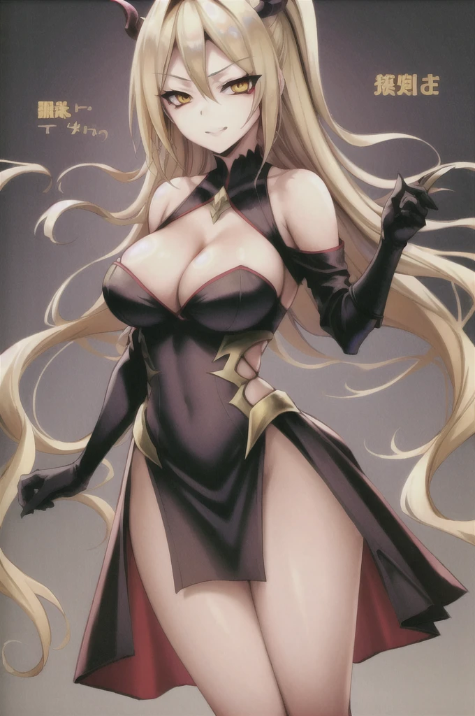 1lady, hot, wearing a black dress, blonde hair, demon queen, smug, yellow eyes, best quality, sharp focus, full body