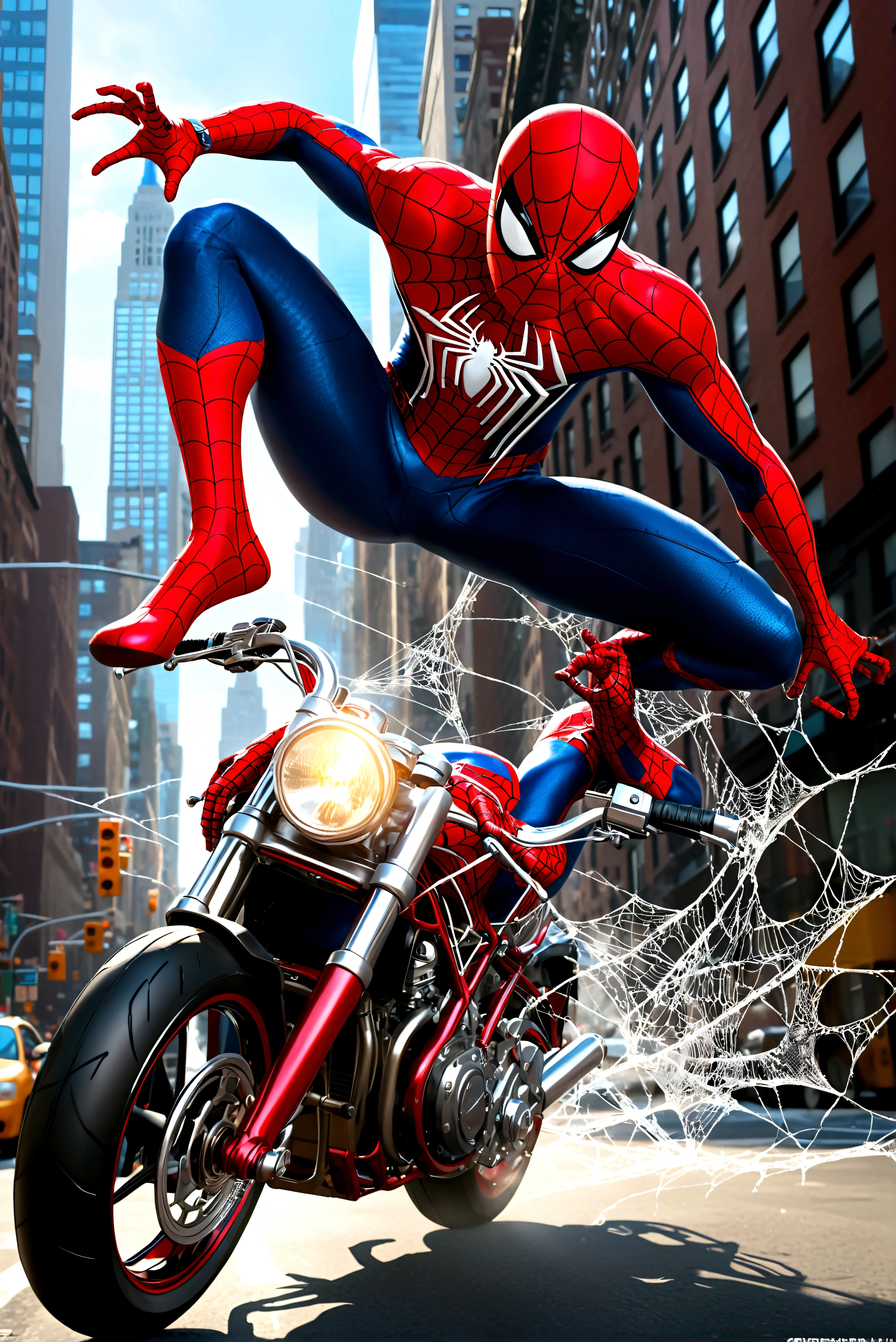 a detailed photo of spider-man riding a spider-man themed motorcycle on the streets of new york city, dynamic action pose, dramatic lighting, cinematic angle, highly detailed, intricate mechanical details, realistic rendering, digital art, concept art (Spiderwebs spell 'Spider Man' across the top of the picture in comic book style)
