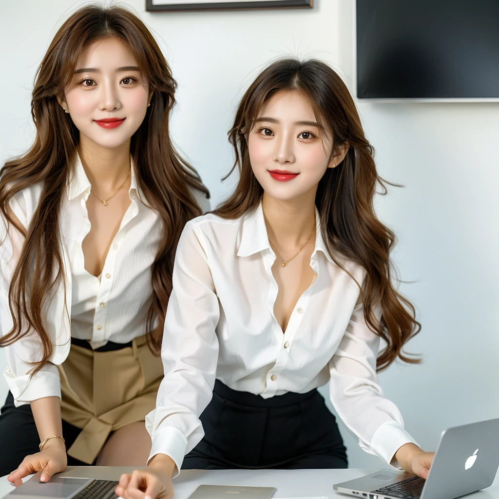 Create a high-quality, realistic image of Ms. Lyna, a beautiful and youthful 27-year-old woman, working in a modern office. She is dressed in fashionable business attire, smiling as she works on a laptop with marketing documents on the desk