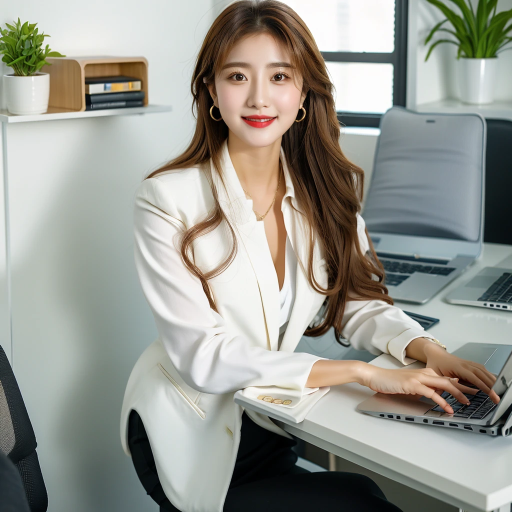 Create a high-quality, realistic image of Ms. Lyna, a beautiful and youthful 27-year-old woman, working in a modern office. She is dressed in fashionable business attire, smiling as she works on a laptop with marketing documents on the desk