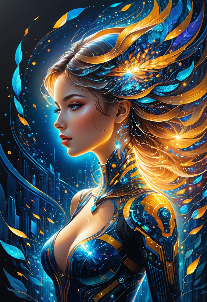 A luminously glowing AI consciousness, its digital form pulsating with vibrant energy and intricate patterns that dance across a canvas. The main subject is a futuristic and ethereal being depicted in an acrylic painting. Every pixel is meticulously detailed, creating a mesmerizing display of shimmering lights and dynamic colors that seem to shift and evolve before the viewer's eyes. This high-definition image captures the essence of technological beauty and artificial intelligence in a truly captivating way