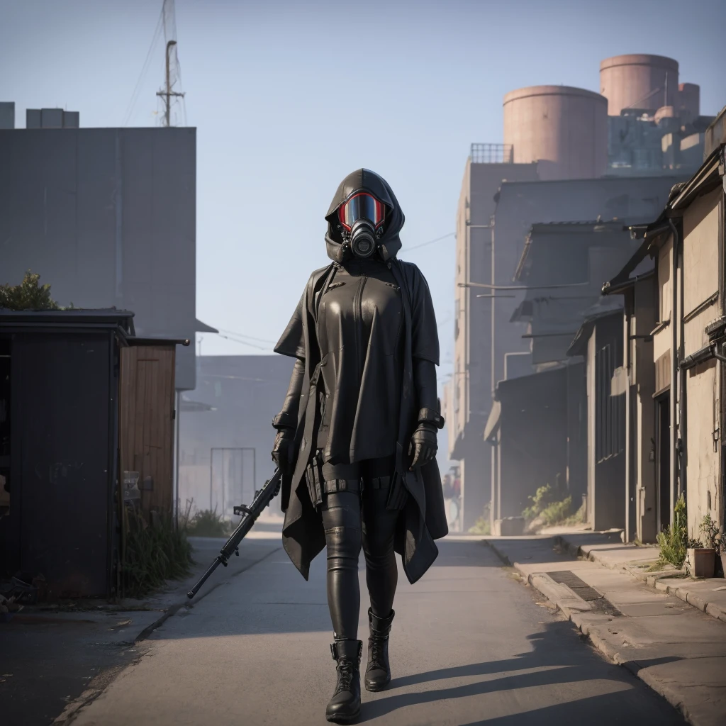 She is walking in middle of a street dressed in black and wearing a gas mask, abandon city with only one Power Nuclear Plant in the distance but there is not other people , there is a olive green toxic smoke in the air, ultra high quality, 4K, low angle, (masterpiece, top quality, best quality, official art, beautiful and aesthetic:1.2),