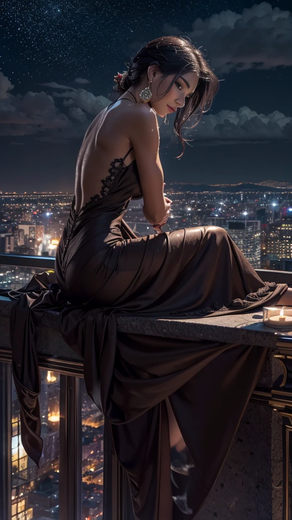(32k:1.5, Highest quality, masterpiece, Ultra-high resolution), Professional camera work:1.6, Highly detailed skin and face textures:1.3, Fascinating Portraiture, Very accurate, Very detailed, 1 adult female, ((Amazing night view from the rooftop:1.3, The moonlight at night illuminates my body)), (Satin Nightgown:0.5), Incredibly slim body, Fair skin, elegant, Expressions of sadness, (Big eyes that exude beautiful eroticism:0.8, Sad expression:1.0, I love you with all my heart:0.8, Please open your mouth a little, lipstick, Feel the beautiful eroticism:0.8), (Wet dark brown medium length hair), Candles, The chest is medium, Earrings, necklace, bracelet, Sensual sitting position, (romantic, dramatic, mysterious), Object of admiration, Artistic, Innovative, Fascinating, Stimulate, Extreme, clear, Tilt, ((Adult charm, Feminine charm, Hair blowing in the wind))