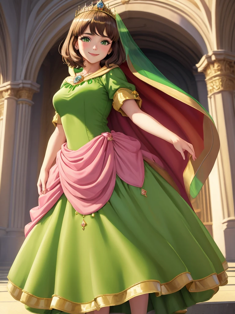 masterpiece, best quality:1.2), 1girl, smile, looking at viewer, green eyes, short brown hair, princess, princess dress, wearing puffy pink ballgown reaching the floor, green cloak cape, golden tiara with veil, standing in ballroom of medieval castle