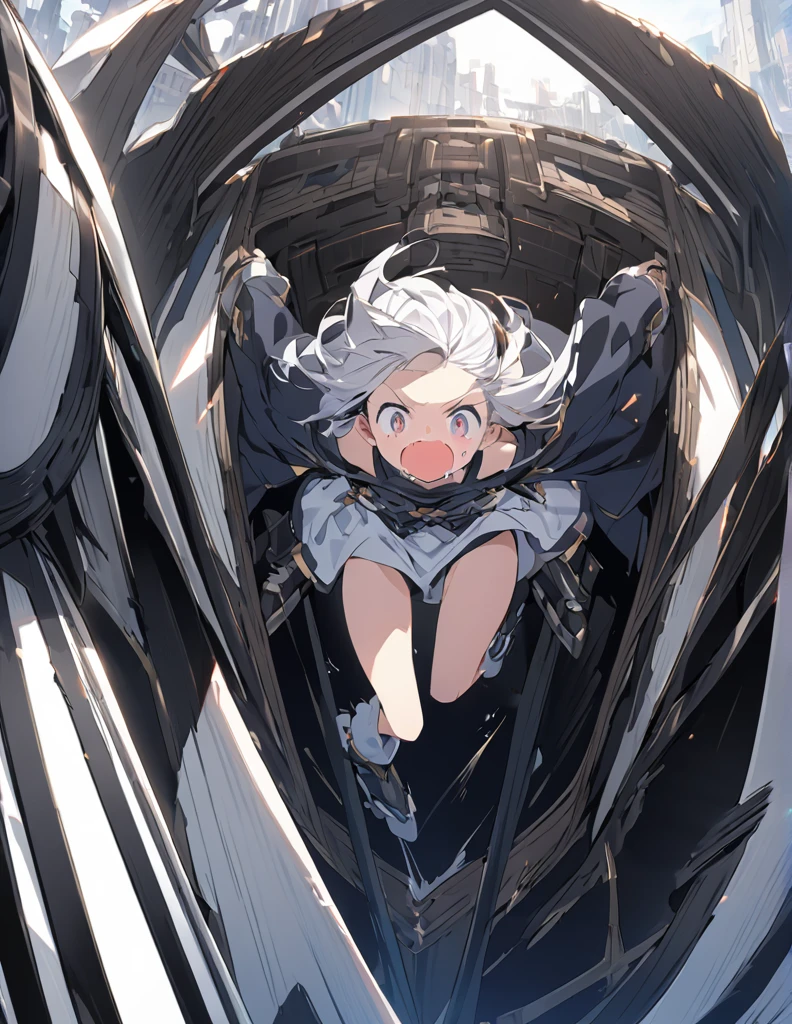 A white-haired girl screams in the cockpit of a giant weapon.