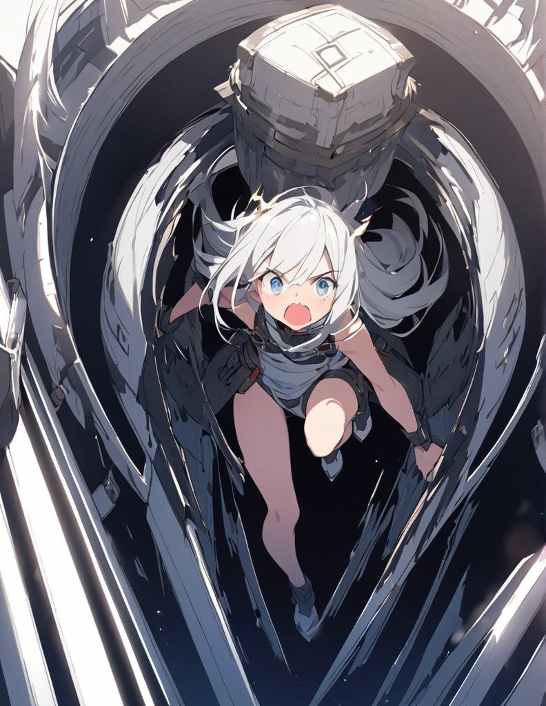 A white-haired girl screams in the cockpit of a giant weapon.
