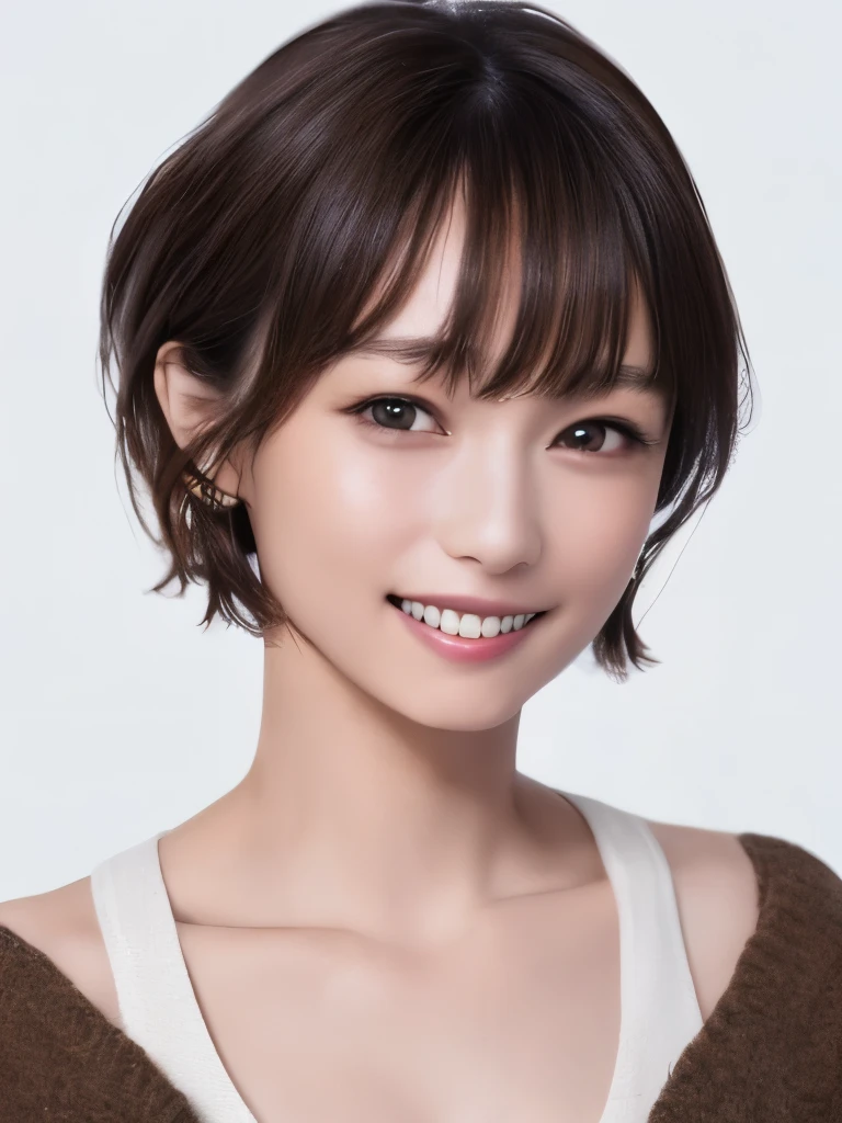 (Highest quality、8K、32k、masterpiece)、(Realistic)、(Realistic:1.2)、(High resolution)、Very detailed、Very beautiful face and eyes、1 Girl、Round and small face、Tight waist、Delicate body、(Highest quality、Attention to detail、Rich skin detail)、(Realistic、Realistic:1.37)、Bright colors、(((Black Hair)))、(((Upper Body Shot)))、(((short hair)))、(((Fair skin)))、(((White wall background)))、(((White wall background)))、(((smile)))、(((touching your mouth)))、(((Brown sweater)))、(((Teeth are visible)))、(((Bra straps are visible、clavicle)))、