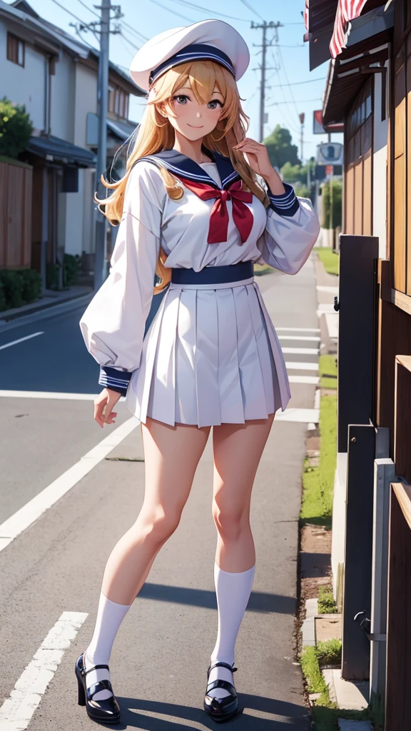 8K, Erina Nakiri, Full Body, Sailor Fuku, Japanese School Background, Smiling, Heels