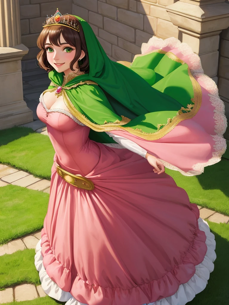 masterpiece, best quality:1.2), 1girl, smile, looking at viewer, green eyes, short brown hair, princess, princess dress, wearing puffy pink ballgown reaching the floor, green cloak cape, golden tiara with veil, standing in ballroom of medieval castle