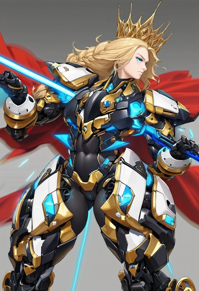OC:1woman, (Mature), _Blue eyes_, _Blonde hair, _Short with a braid, _Messy hair, Attractive/beautiful/eye-catching/unique, _Mecha exoskeleton armor:_Black color with Cyan details, Golden decoration, Black boots with black fuse armor, _Black armored breastplate, _UNIQUE appearance, originality, Perfect details, Line Professional draftsman, Art, Unique, Thick thighs, Defined abdomen, Muscular, Perfect, (Crown_pointed_black_diamonds), Beautiful, Lady, Metallic black dress, blue cross decoration on her chest, Futuristic Holy Divine, Standing, profile picture, Battle pose, Futuristic Mecha Sword, Swordsman , Gray Background, looking at camera, Red cape, White fur, Futuristic, Paladin of the future.
Angry, battle pose, serious, long eyelashes, Red cape, White fur, Black armor with blue and gold details, Exposed thighs, Attractive, Powerful, Futuristic maiden, Perfect legs, ABSOLUTE FOCUS ON HER, ambient blur, perfect torso, zoom, sideways, (Blue Energy Sword)