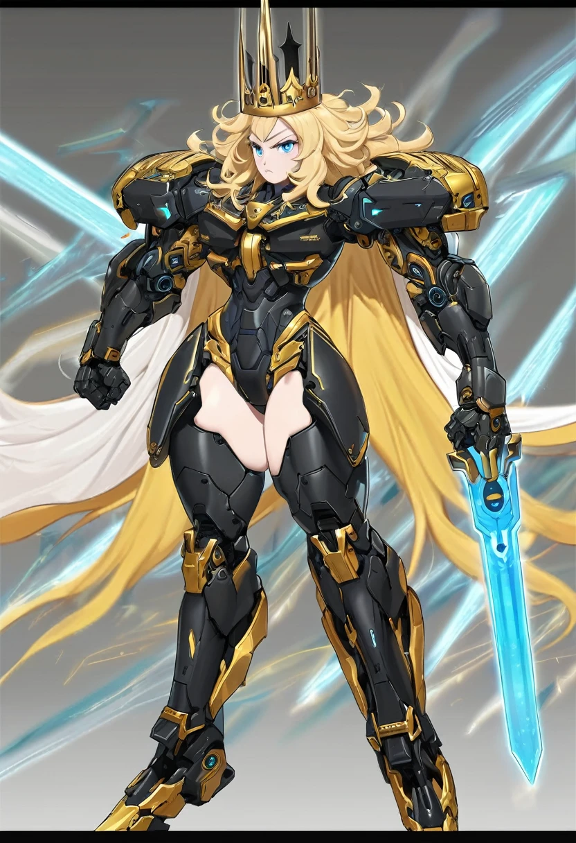 OC:1woman, (Mature), _Blue eyes_, _Blonde hair, _Short with a braid, _Messy hair, Attractive/beautiful/eye-catching/unique, _Mecha exoskeleton armor:_Black color with Cyan details, Golden decoration, Black boots with black fuse armor, _Black armored breastplate, _UNIQUE appearance, originality, Perfect details, Line Professional draftsman, Art, Unique, Thick thighs, Defined abdomen, Muscular, Perfect, (Crown_pointed_black_diamonds), Beautiful, Lady, Metallic black dress, blue cross decoration on her chest, Futuristic Holy Divine, Standing, profile picture, Battle pose, Futuristic Mecha Sword, Swordsman , Gray Background, looking at camera, Red cape, White fur, Futuristic, Paladin of the future.
Angry, battle pose, serious, long eyelashes, Red cape, White fur, Black armor with blue and gold details, Exposed thighs, Attractive, Powerful, Futuristic maiden, Perfect legs, ABSOLUTE FOCUS ON HER, ambient blur, perfect torso, zoom, sideways, (Blue Energy Sword)
