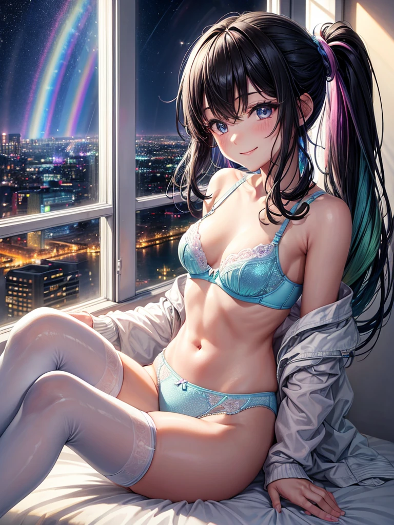 Highest quality,Highest Resolution,4K quality,Underwear looking at city night view outside large window in modern bedroom((Rainbow Gradient色))のsmileの1Profile of a woman,((Black hair ponytail)),Dark room,Rainbow Gradientセクシーランジェリー,Many water drops on the window,garter belt,High leg,((Iridescent underwear))Knee-high stockings,smile,Landscape,Colorful eyeballs,Small bra{((Underwear color))Rainbow Gradient,