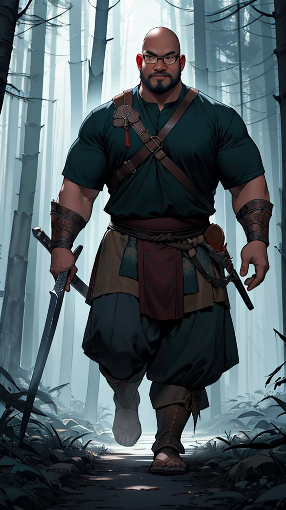 A bald head obese Indonesian man with glasses and clean face, walks through a dark forest with dramatic lighting. Wearing Viking warrior attire and carrying a weapon, he is ready to confront enemies. This photo captivates with its blend of culture and fantasy, creating a compelling epic atmosphere.