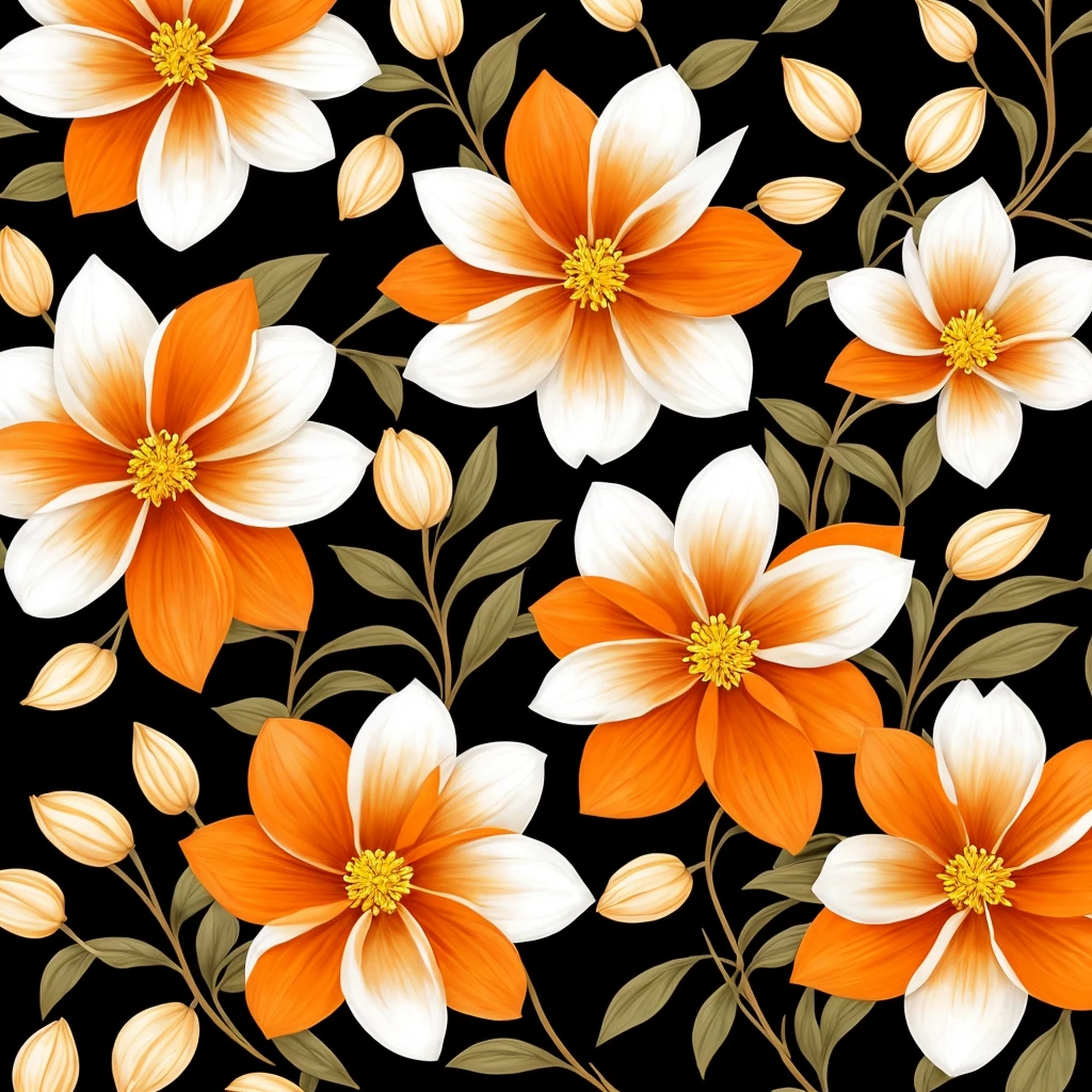 painting of three white flowers with orange petals on a black background, beautiful!!! digital art, beautiful detail and color, orange flowers, elegant flowers, beautiful flowers, glowing flowers, beautiful gorgeous digital art, wow it is beautiful, beautiful design, beautiful!!!!!!!!!, flowers!!!!, beautiful!!!!!!!!!!!!, beautiful flower, dark sienna and white, brown flowers, beautiful depiction