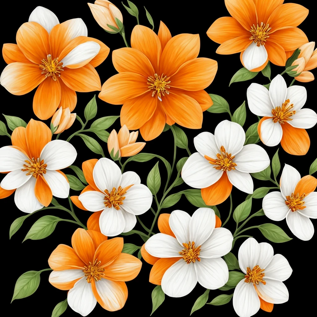 painting of three white flowers with orange petals on a black background, beautiful!!! digital art, beautiful detail and color, orange flowers, elegant flowers, beautiful flowers, glowing flowers, beautiful gorgeous digital art, wow it is beautiful, beautiful design, beautiful!!!!!!!!!, flowers!!!!, beautiful!!!!!!!!!!!!, beautiful flower, dark sienna and white, brown flowers, beautiful depiction