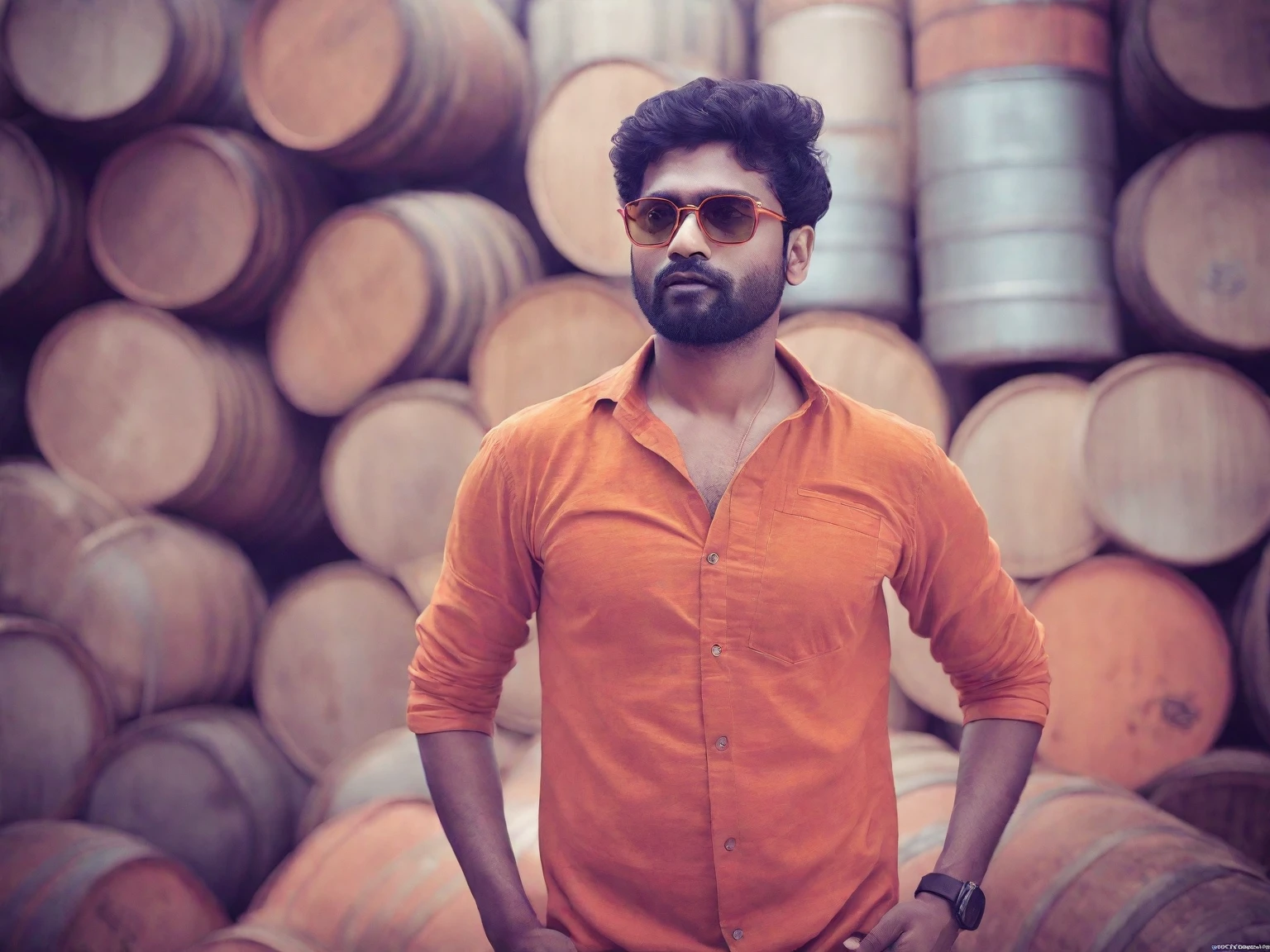 there is a man standing in front of a pile of barrels, jayison devadas style, jayison devadas, stylish pose, wearing an orange t shirt, shot on nikon z9, casual photography, portrait shot 8 k, * colour splash *, with lovely look, taken with sony alpha 9, candid picture, wearing orange sunglasses, movie stills photography, portrait mode photo