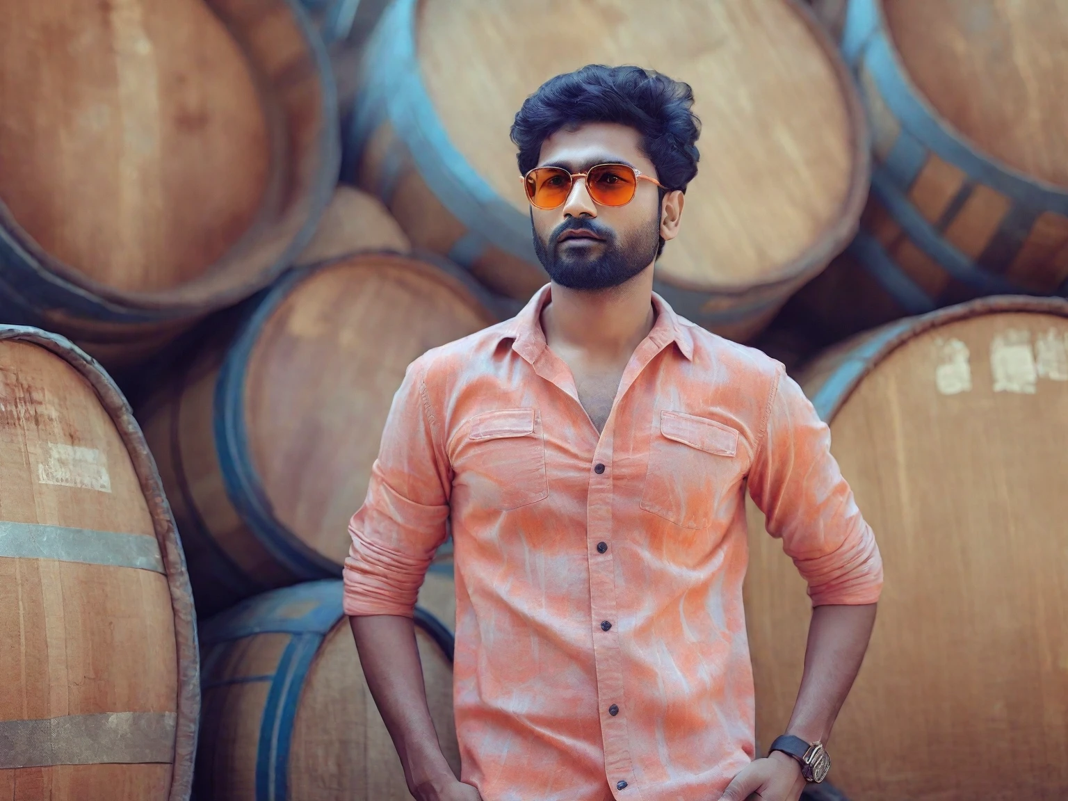 there is a man standing in front of a pile of barrels, jayison devadas style, jayison devadas, stylish pose, wearing an orange t shirt, shot on nikon z9, casual photography, portrait shot 8 k, * colour splash *, with lovely look, taken with sony alpha 9, candid picture, wearing orange sunglasses, movie stills photography, portrait mode photo