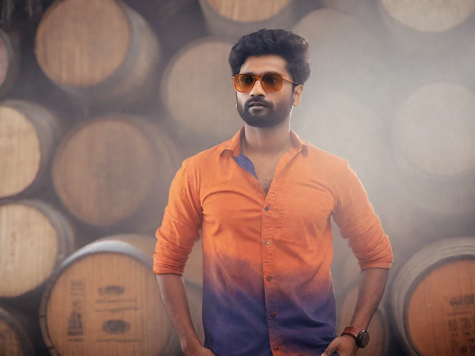 there is a man standing in front of a pile of barrels, jayison devadas style, jayison devadas, stylish pose, wearing an orange t shirt, shot on nikon z9, casual photography, portrait shot 8 k, * colour splash *, with lovely look, taken with sony alpha 9, candid picture, wearing orange sunglasses, movie stills photography, portrait mode photo