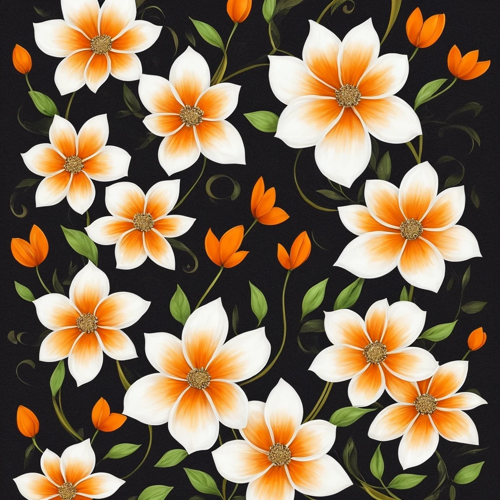 painting of three white flowers with orange petals on a black background, a digital painting by Carol Bove, pinterest, digital art, beautiful!!! digital art, beautiful detail and color, elegant flowers, orange flowers, beautiful flowers, glowing flowers, beautiful gorgeous digital art, wow it is beautiful, beautiful design, beautiful!!!!!!!!!!!!, flowers!!!!, beautiful!!!!!!!!!, beautiful flower