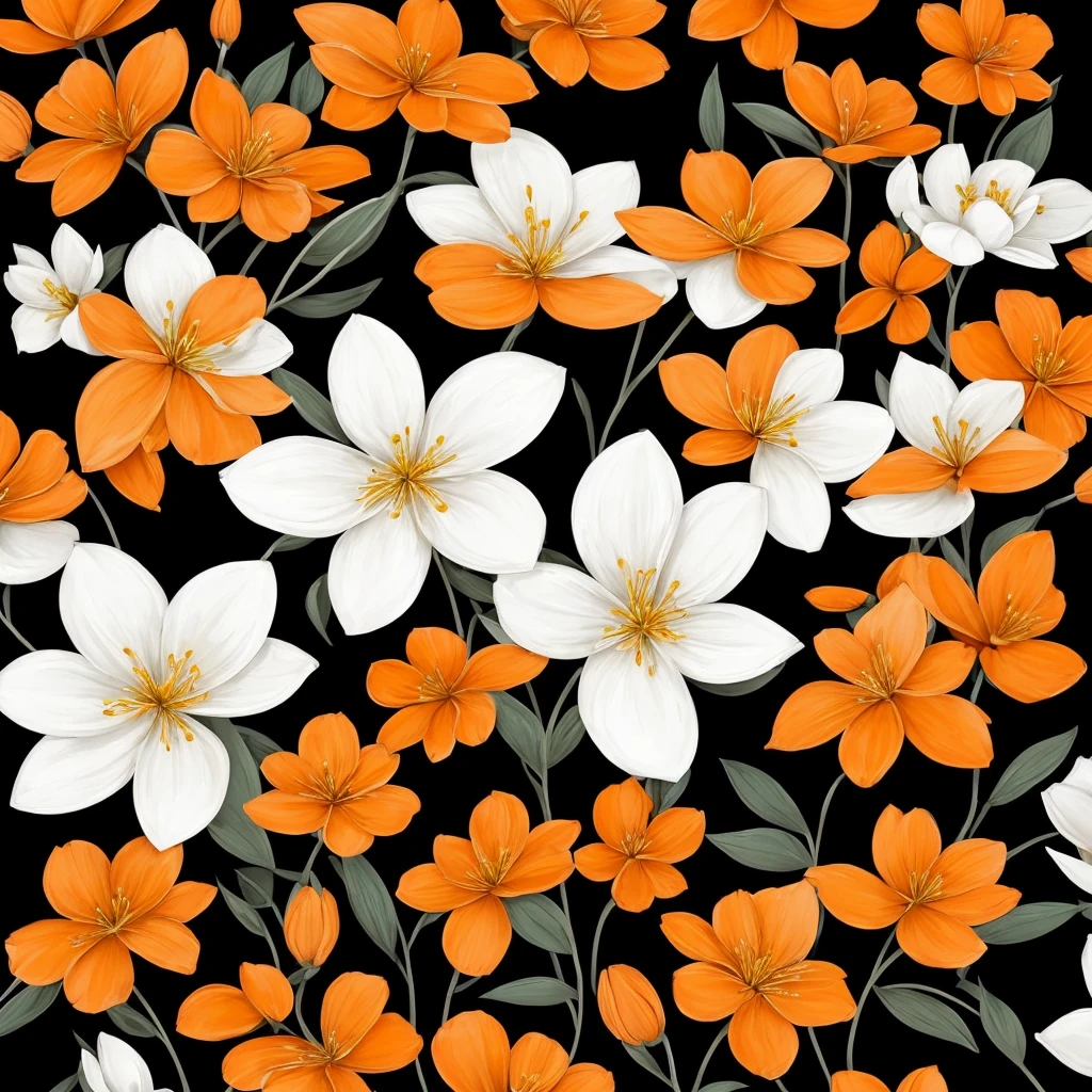 painting of three white flowers with orange petals on a black background, a digital painting by Carol Bove, pinterest, digital art, beautiful!!! digital art, beautiful detail and color, elegant flowers, orange flowers, beautiful flowers, glowing flowers, beautiful gorgeous digital art, wow it is beautiful, beautiful design, beautiful!!!!!!!!!!!!, flowers!!!!, beautiful!!!!!!!!!, beautiful flower