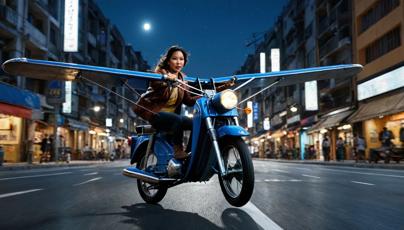 score_9, score_8_up, score_7_up, source_photo, photography, photorealistic, detailed, rating safe, front view, very wide shot, super cub runs the night city, rider is a woman holding a katana, masterpiece, best quality, 8k,