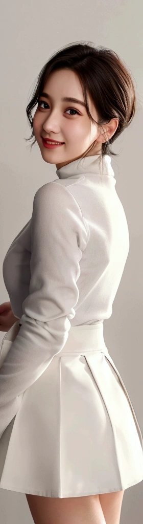 Sex, 1 boy, (8k, RAW photo, top quality, masterpiece: 1.2), (realistic, photorealistic: 1.37), 1 adult woman, super beautiful, beautiful round eyes, round chin, round face, innocence smile, inviting eyes, thin lips, narrow mouth, 3/4 view, white coat, white shirt, black tight icro skirt