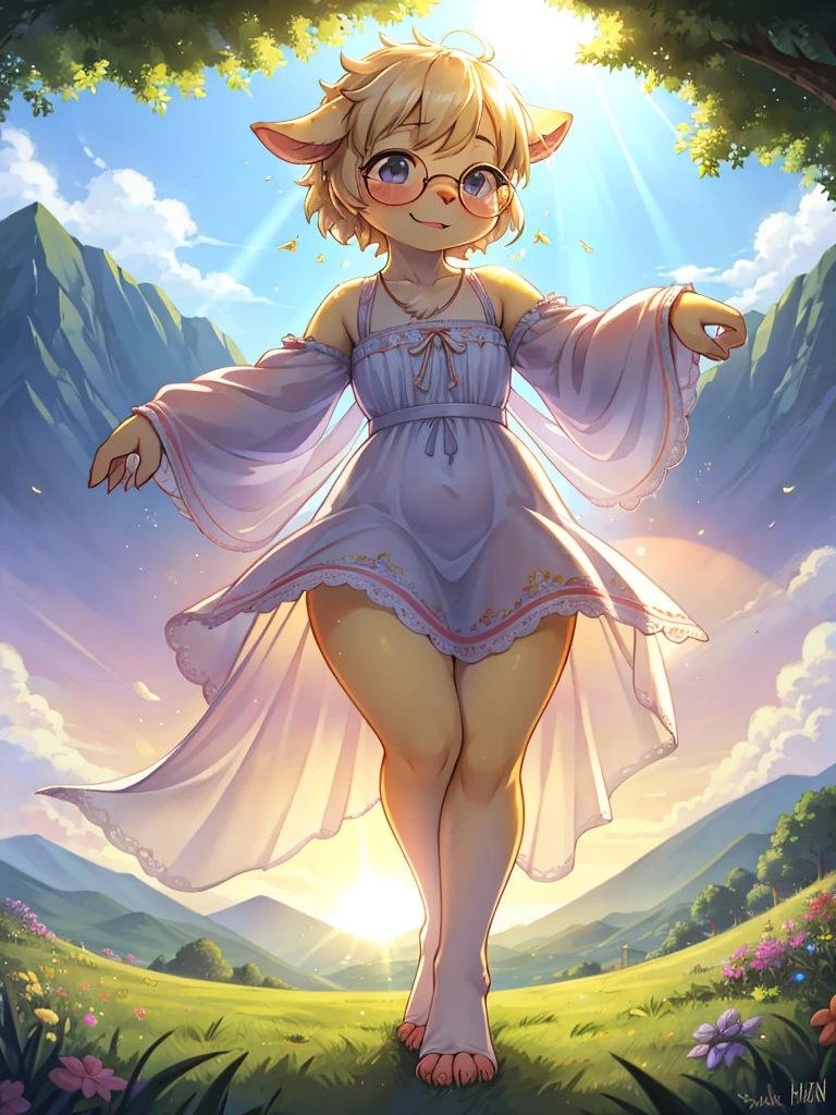 Hallucination , (ugly geek Sow) , (butterface) , relaxed Fluttering white thin dress , Dancing on the top of hill , halation , Strong sunlight , The fabric is see-through, so your skin is visible , Clothing erotica , (labia:0.4) , Divine Light , morning dew