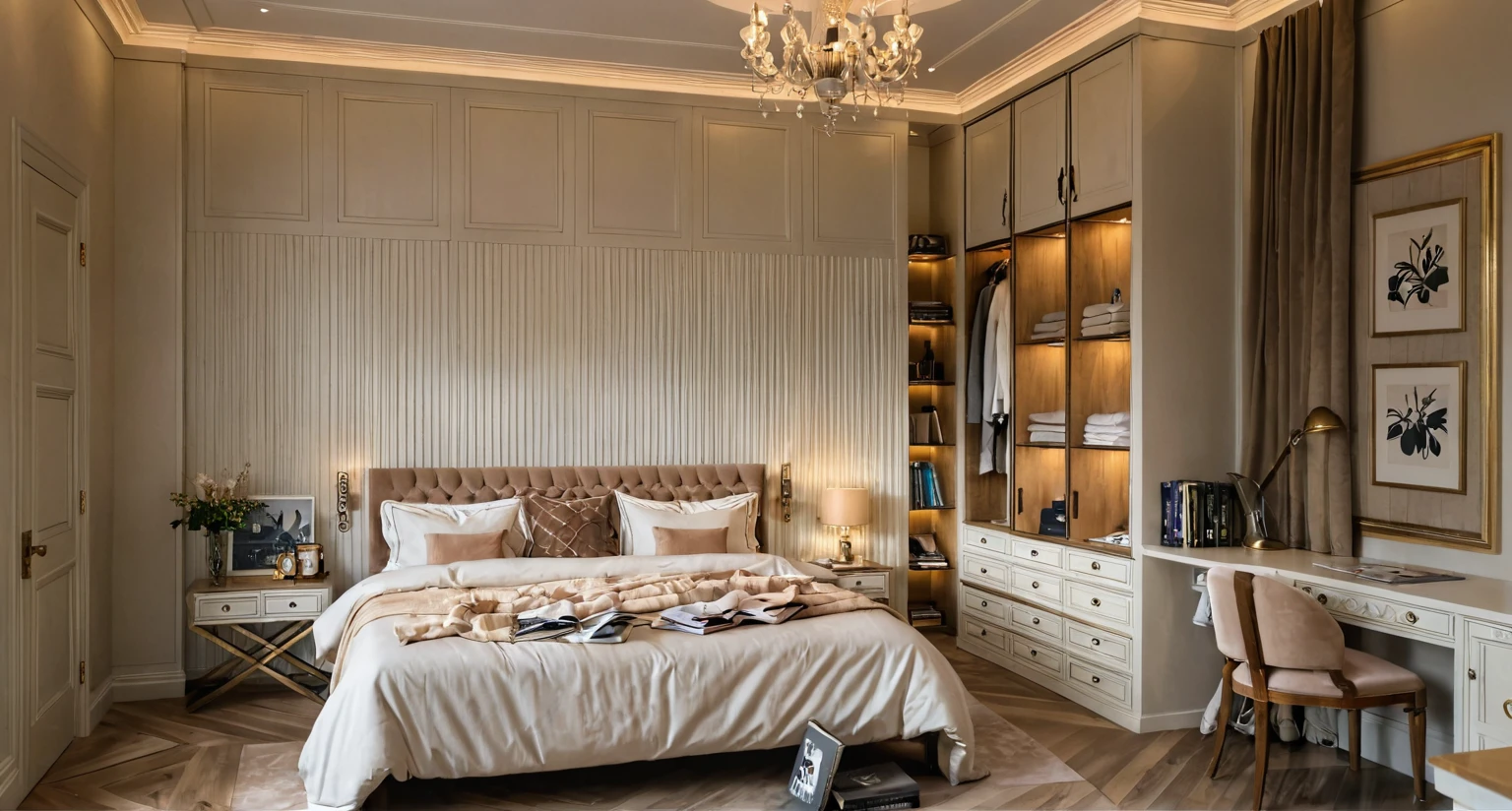 Raw photo,Masterpiece, high quality, best quality, authentic, super detail,
indoors, beed room, neoclassical style, wooden floors,doors, windows, plaster ceilings, can lights, spotlights, beds, floor mats, bedside lamps, bedside wooden slats, wardrobes, wardrobe lights, dressing tables, cosmetic shelves on the head of the bed, books, magazines,
,(day:1.1),realistic lighting