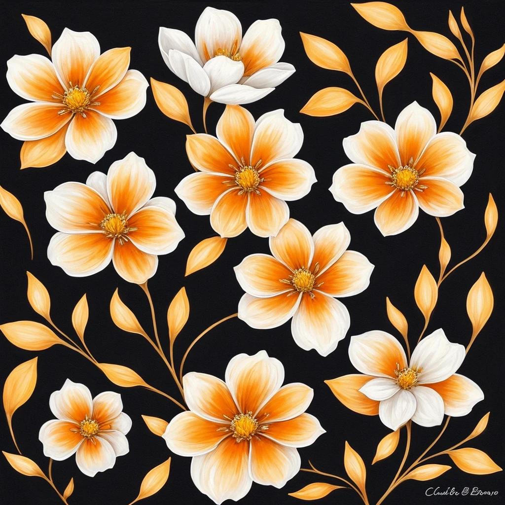 painting of three white flowers with orange petals on a black background, a digital painting by Carol Bove, pinterest, digital art, beautiful!!! digital art, beautiful detail and color, elegant flowers, orange flowers, beautiful flowers, glowing flowers, beautiful gorgeous digital art, wow it is beautiful, beautiful design, beautiful!!!!!!!!!!!!, flowers!!!!, beautiful!!!!!!!!!, beautiful flower