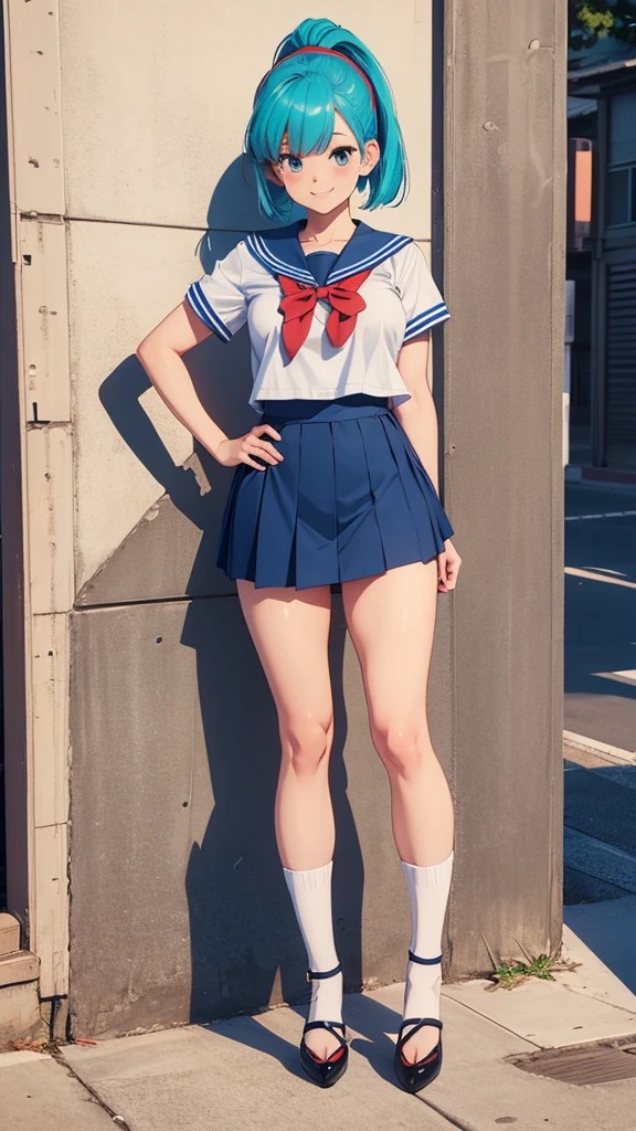 8K, bulma, Full Body, Sailor Fuku, Japanese School Background, Smiling, Heels