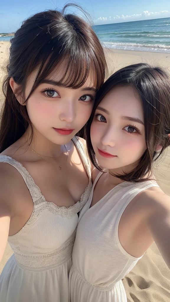 2 girls, 17yo,masutepiece, Best Quality, Illustration, Ultra-detailed, finely detail, hight resolution, 8K Wallpaper, Perfect dynamic composition, Beautiful detailed eyes, Natural Color Lip,Beach, Random and cute poses, selfie photo