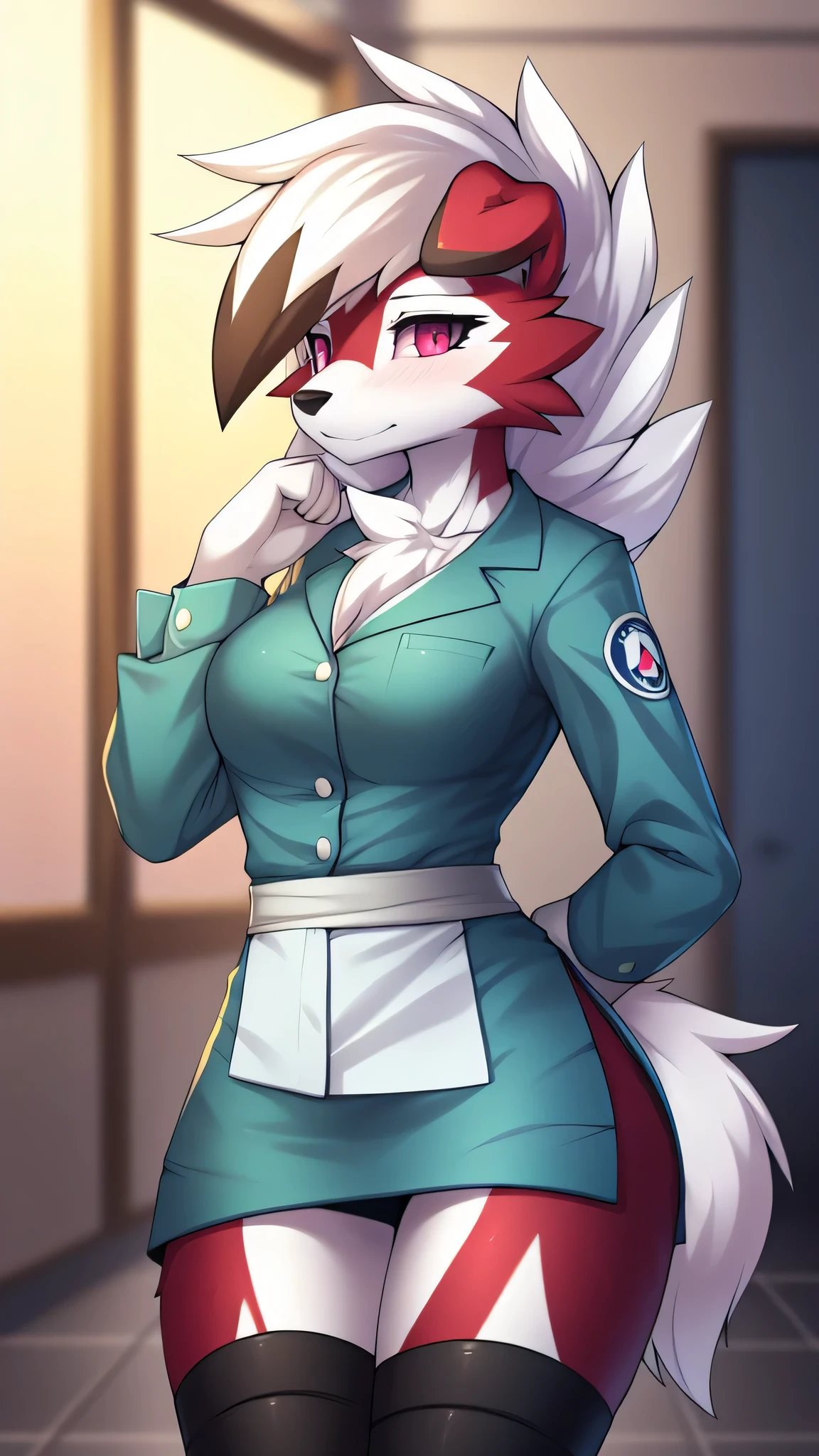 By zinfyu,by twistedscarlet60, uploaded on pixiv, by fluff-kevlar, (masterpiece), (best quality), (solo female:1.2), (extremely detailed:1.3),(detailed eye,black circle on eye,pink eye), lycanroc midnight, view on viewer, close view, shy face, half body on potrait, only body and head, close view, wearing doctor uniform, doctor costume, white uniform,hospital logo, hospital logo on uniforn, cosplaying,out side hospital, Hospital, (tail:1.1), closeup photo of lycanroc, adult body posture,