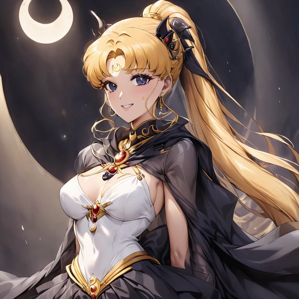 ((Highest quality)), ((masterpiece)), (detailed), (Perfect Face)、Black moon mark on forehead、The woman is Black Serenity, the noble dark queen of the Black Moon clan and has blonde hair.2The woman with long hair tied in a ponytail is Princess Serenity, embracing the King of the Dark Moon.、The woman has a black inverted crescent moon mark on her forehead, a gorgeous and glittering black gothic Victorian dress, a black veil and a black see-through cape, and is wearing luxurious jeweled accessories. She is the Queen of Darkness, the jet-black Princess Serenity, looking at the camera with a happy expression, and has the expression of a maiden in love.