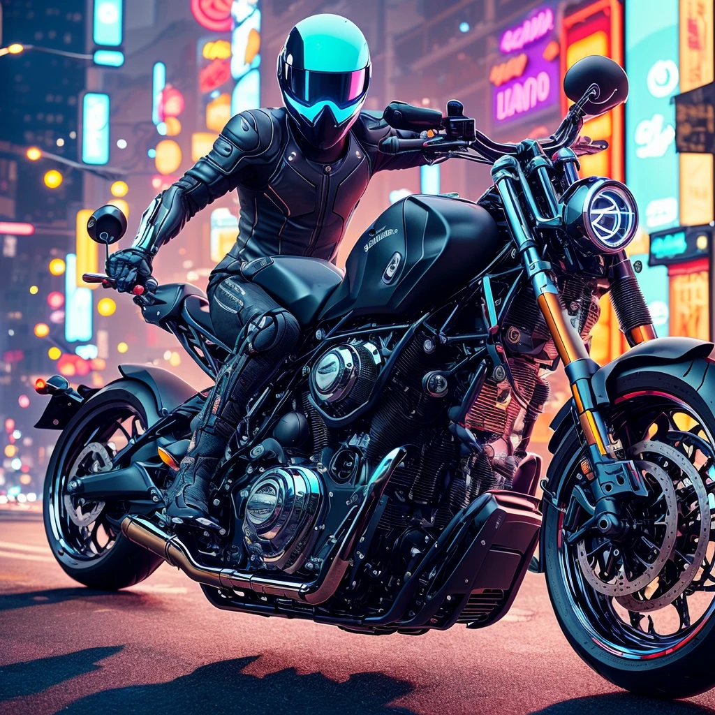 A detailed cyberpunk motorcycle, chrome and neon, futuristic design, dynamic pose, dramatic lighting, glowing details, intricate mechanical parts, depth of field, hyper-realistic, cinematic composition, vibrant colors, neon signs in the background, moody atmosphere