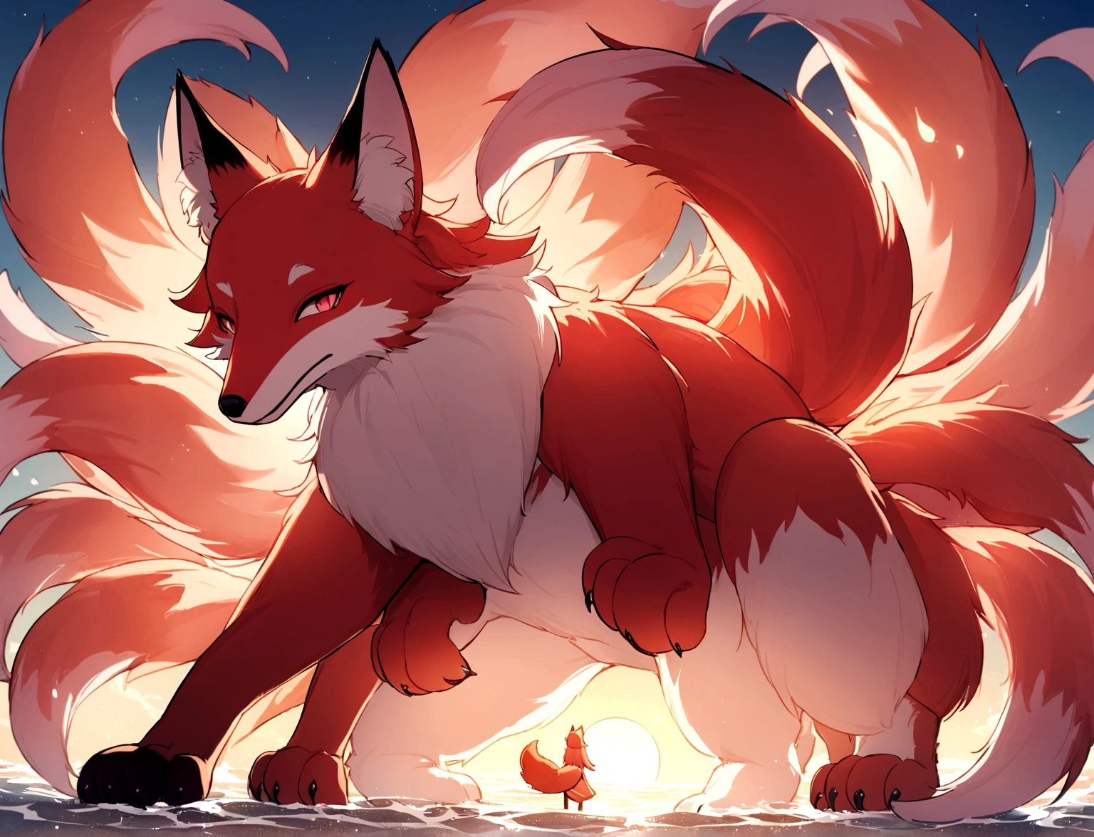 A giant red fox with 9 tails, whose tips are light pink. The tails are very fluffy and soft. The chest coat is light pink, as well as the tips of the paws. ao redor, a circle of small light pink flames. Ao fundo, a sunny beach.