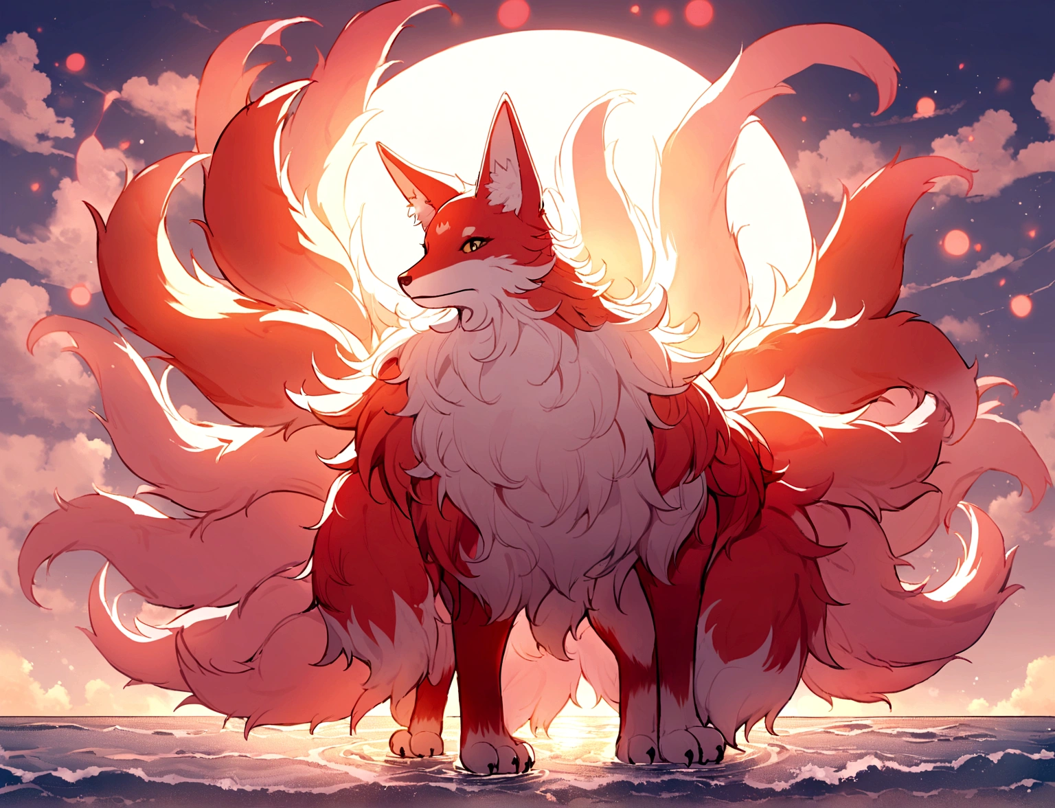 A giant red fox with 9 tails, whose tips are light pink. The tails are very fluffy and soft. The chest coat is light pink, as well as the tips of the paws. ao redor, a circle of small light pink flames. Ao fundo, a sunny beach.